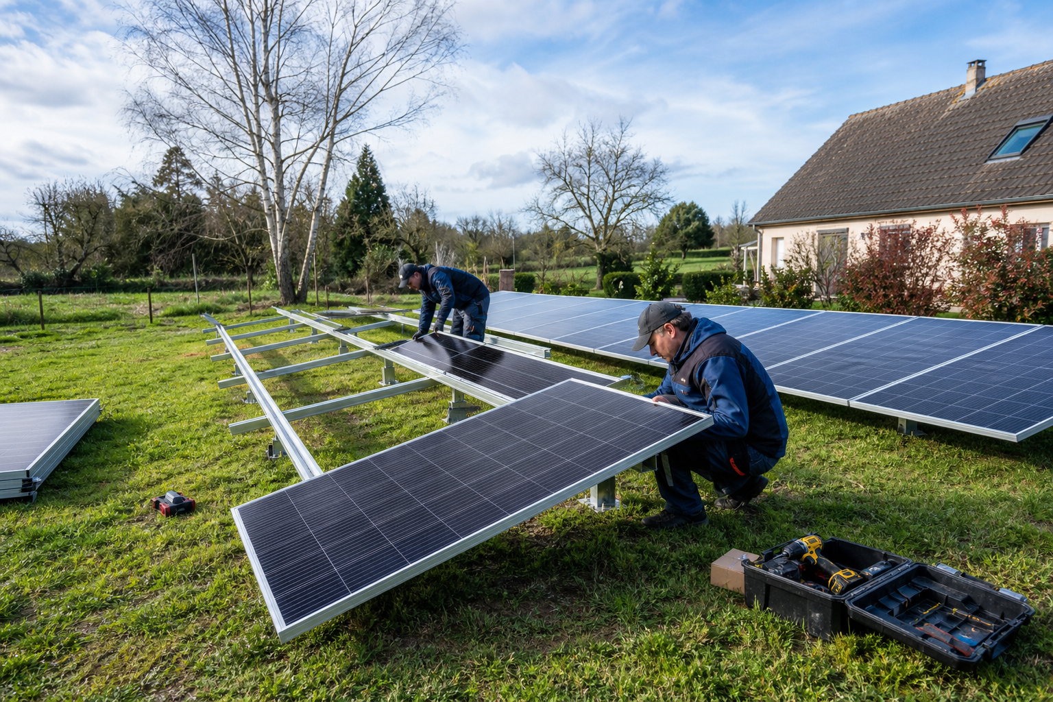 Chantier de pose de panneaux solaires au sol