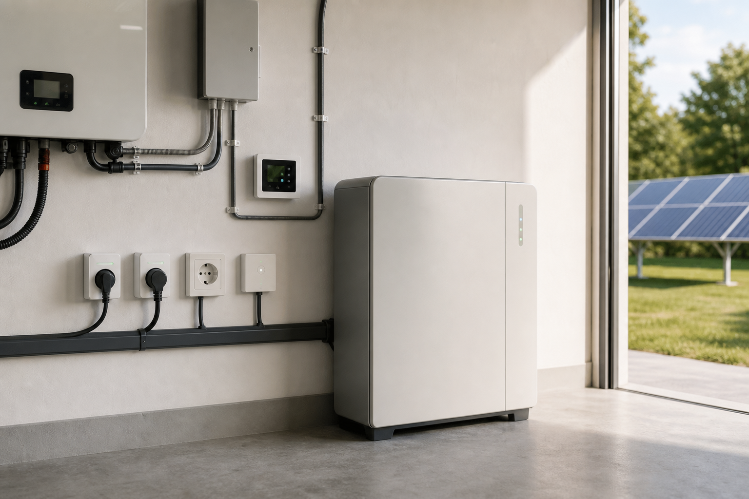 Installation solaire au sol avec batterie et prises connectées